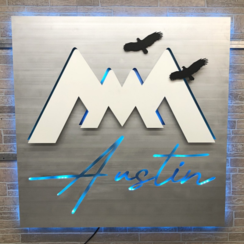 Mesa Rim Climbing Center multi layer brushed aluminum powder coating lit custom sign