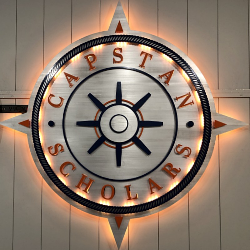 UW Platteville Capstan Scholars multi layer brushed aluminum powder coating interior lit aluminum sign