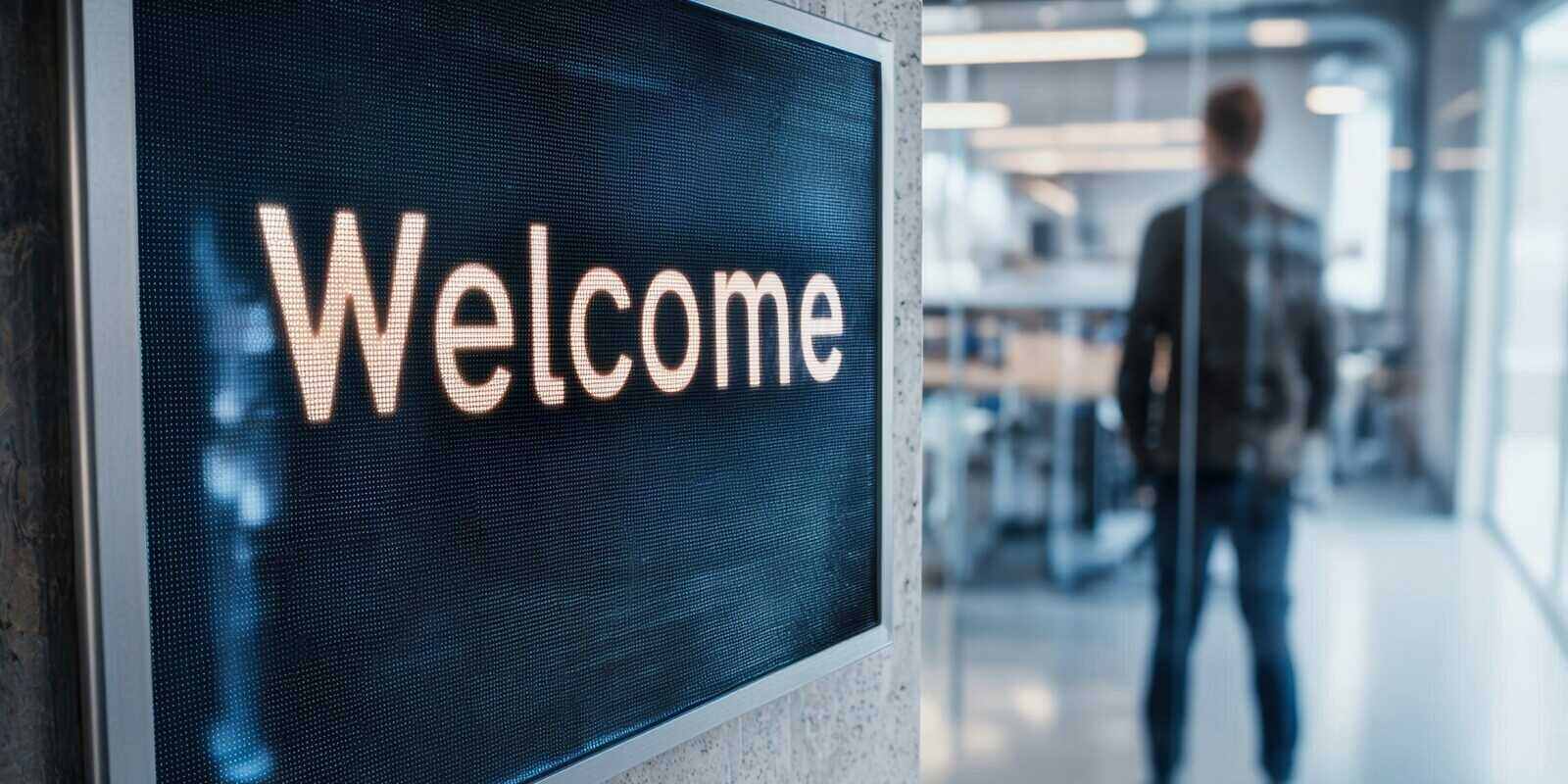 Welcome sign in modern office building