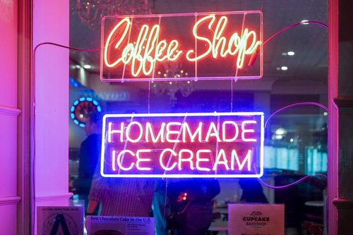 coffee shop and homemade ice cream storefront signs