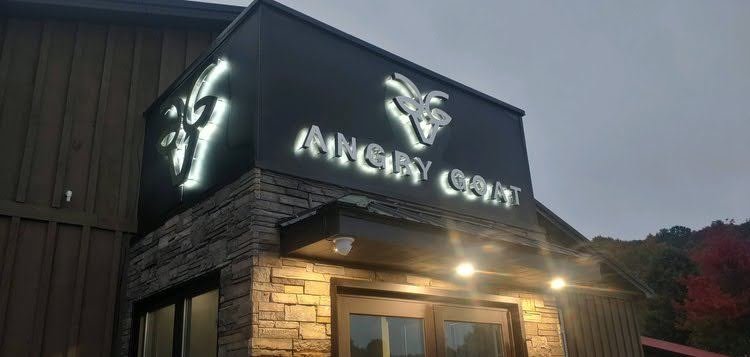 custom outdoor metal sign fixture for Angry Goat restaurant