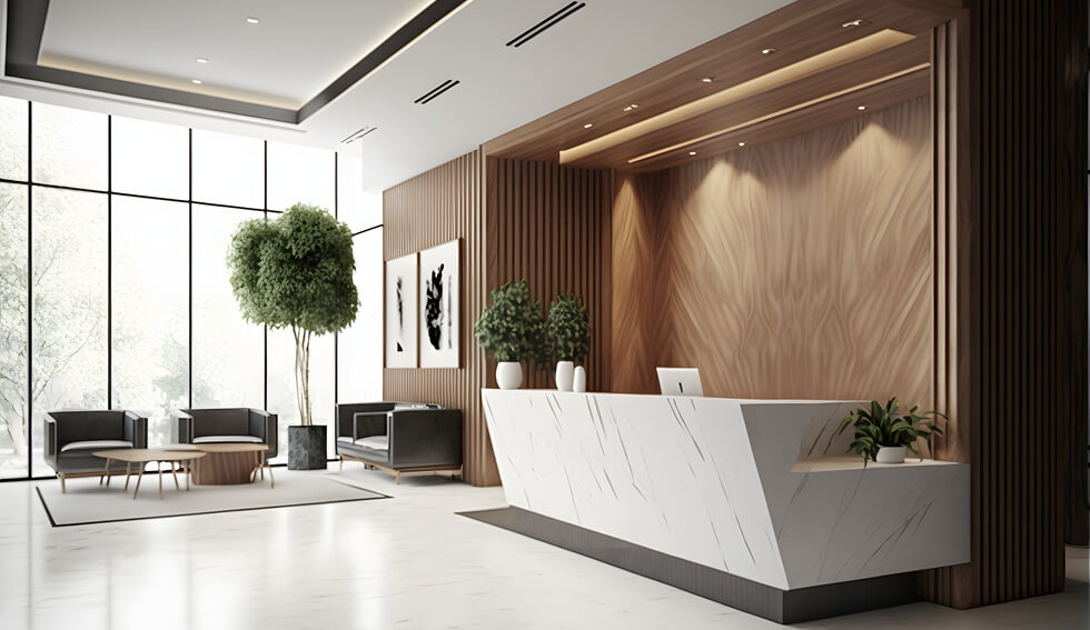 interior design of a beautiful elegance reception area with luxury white marble counter and wall