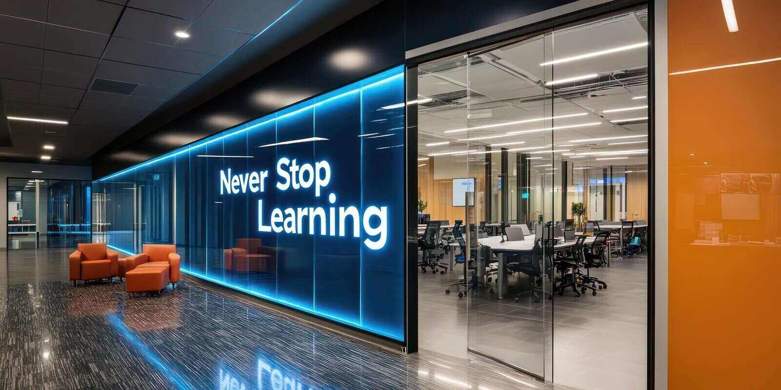 large glass door with the words Never Stop Learning written on it