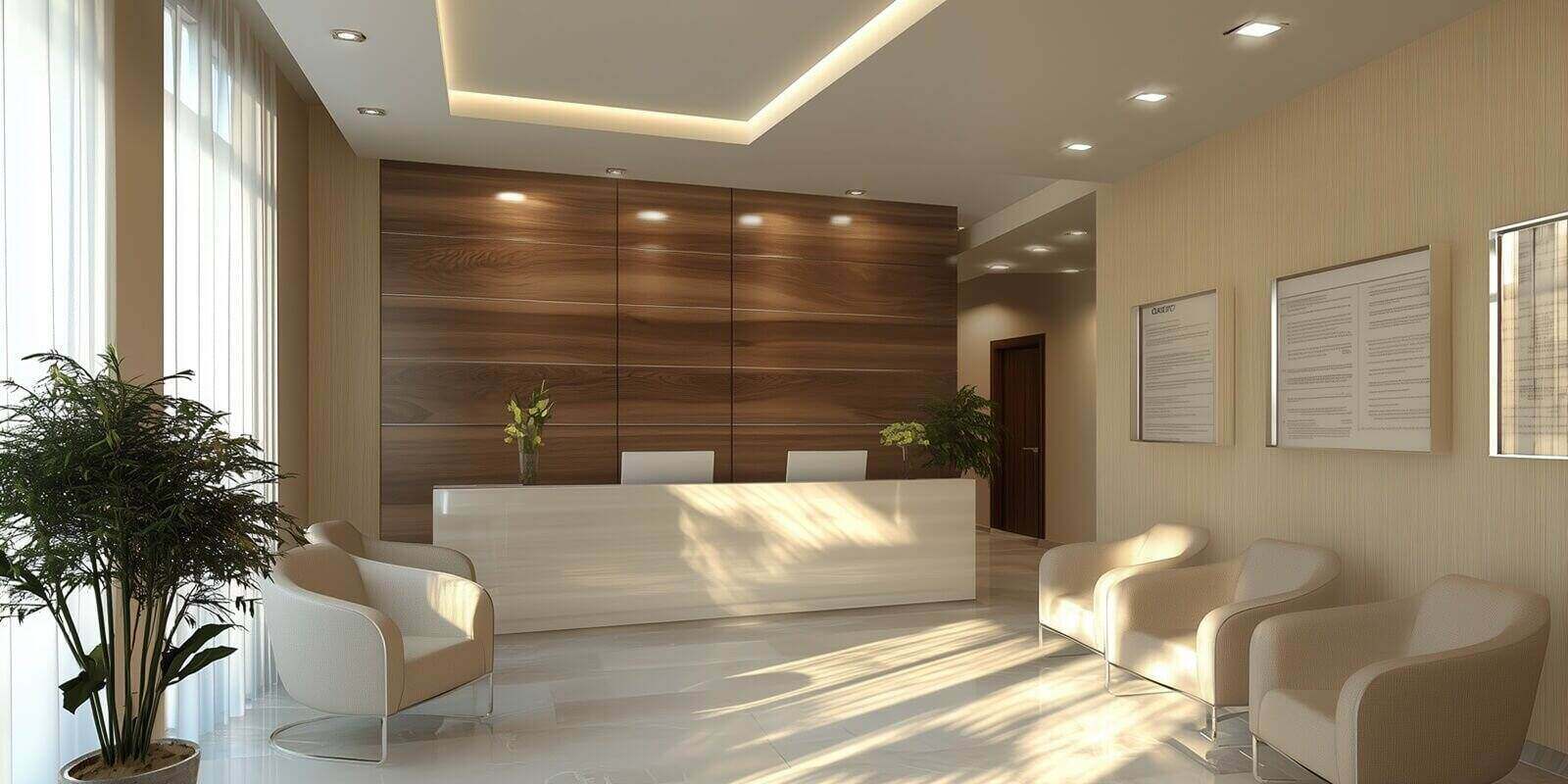 modern reception area with minimalist design and natural light in a contemporary office setting