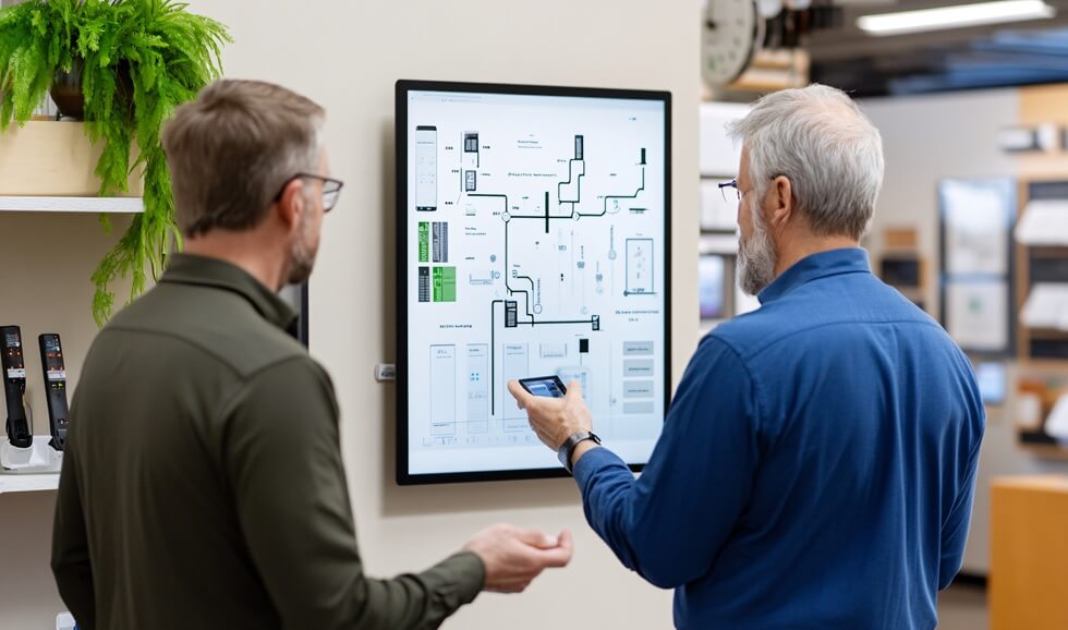 two people looking at the signboard in the office