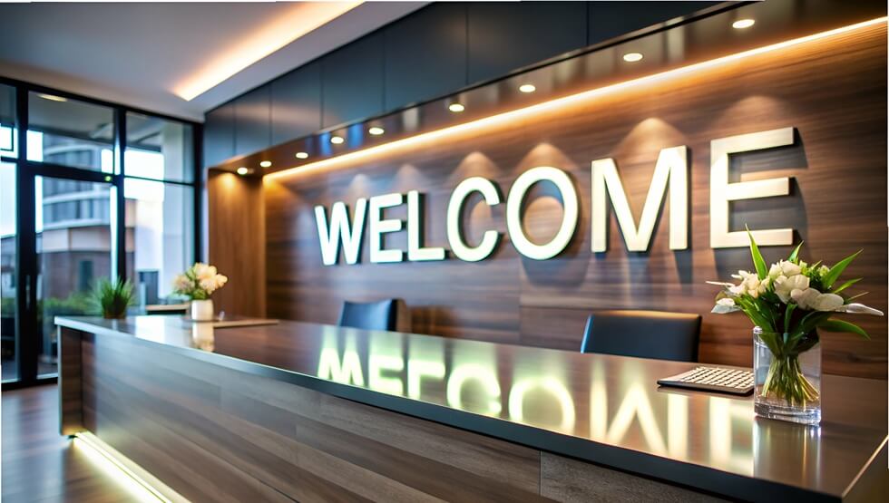 welcoming reception area with a large sign that says Welcome on it