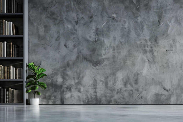 empty bookshelf and grey wall offering a versatile copy space image to showcase products or mock designs