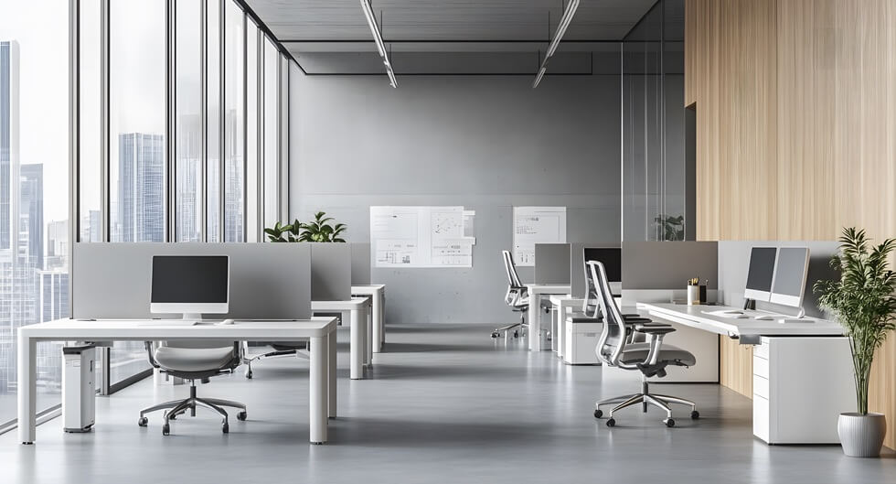 modern office interior with desks and computers in an open space