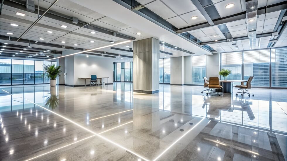 polished commercial concrete floor with subtle shine reflecting office interior