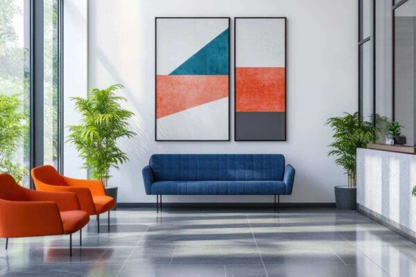 modern office lobby waiting area with plants, sunlight, and abstract art