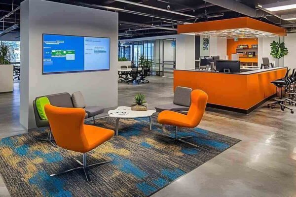 office interior signage mockups - Modern office space with seating, a reception area, and digital display
