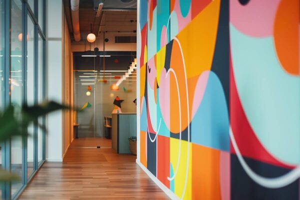 modern office hallway with vibrant abstract wall art