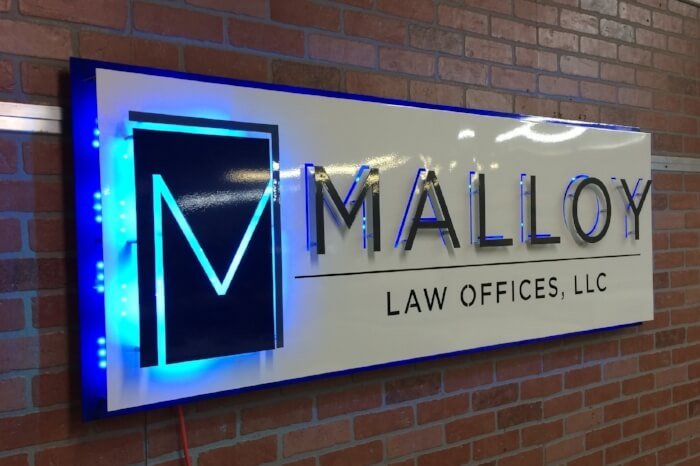 Custom Metal Sign Malloy Law Left-lit
