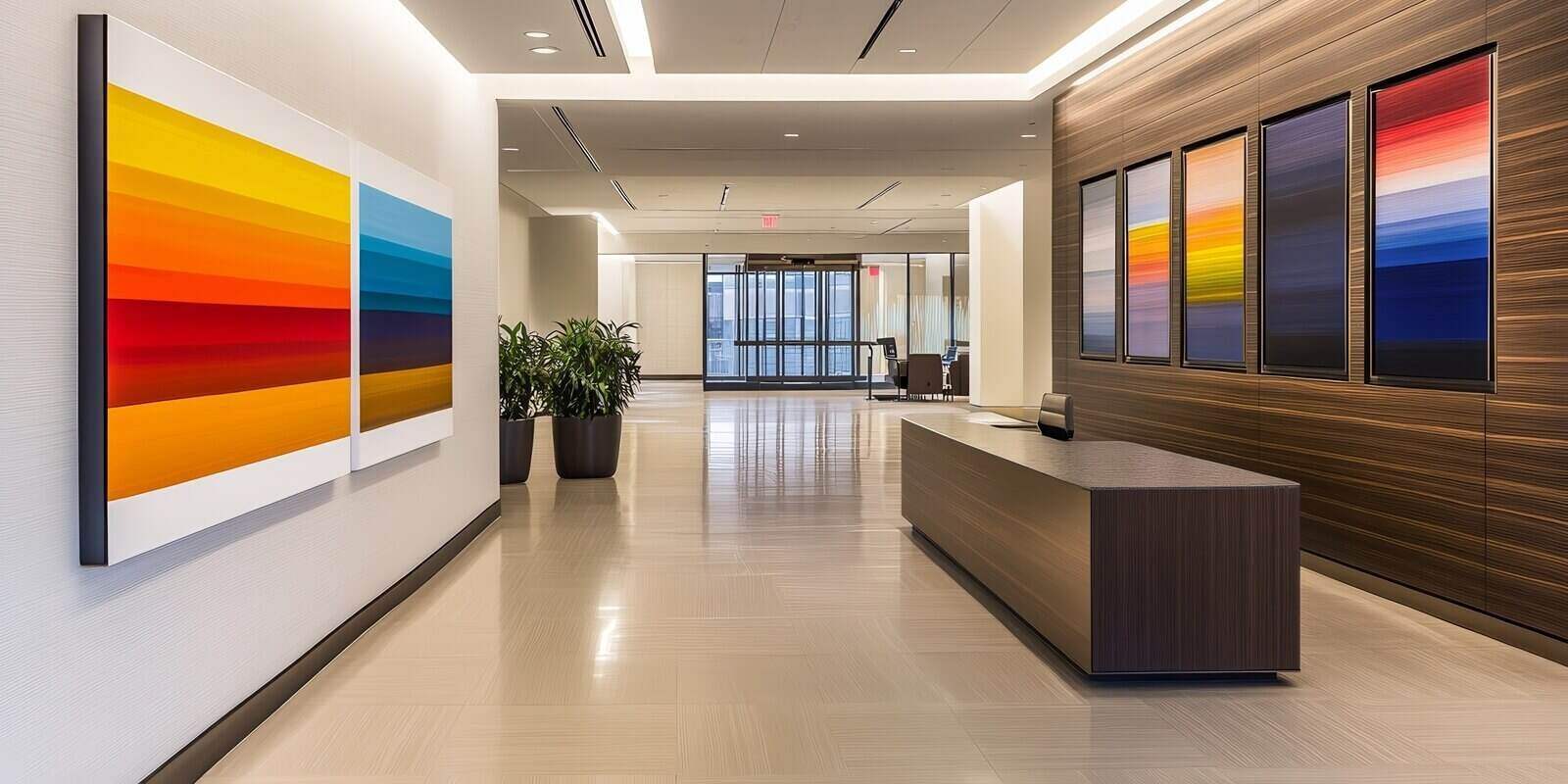 modern office lobby featuring vibrant abstract art and a reception desk