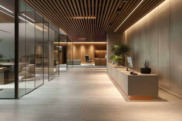 modern office reception area with wooden ceiling