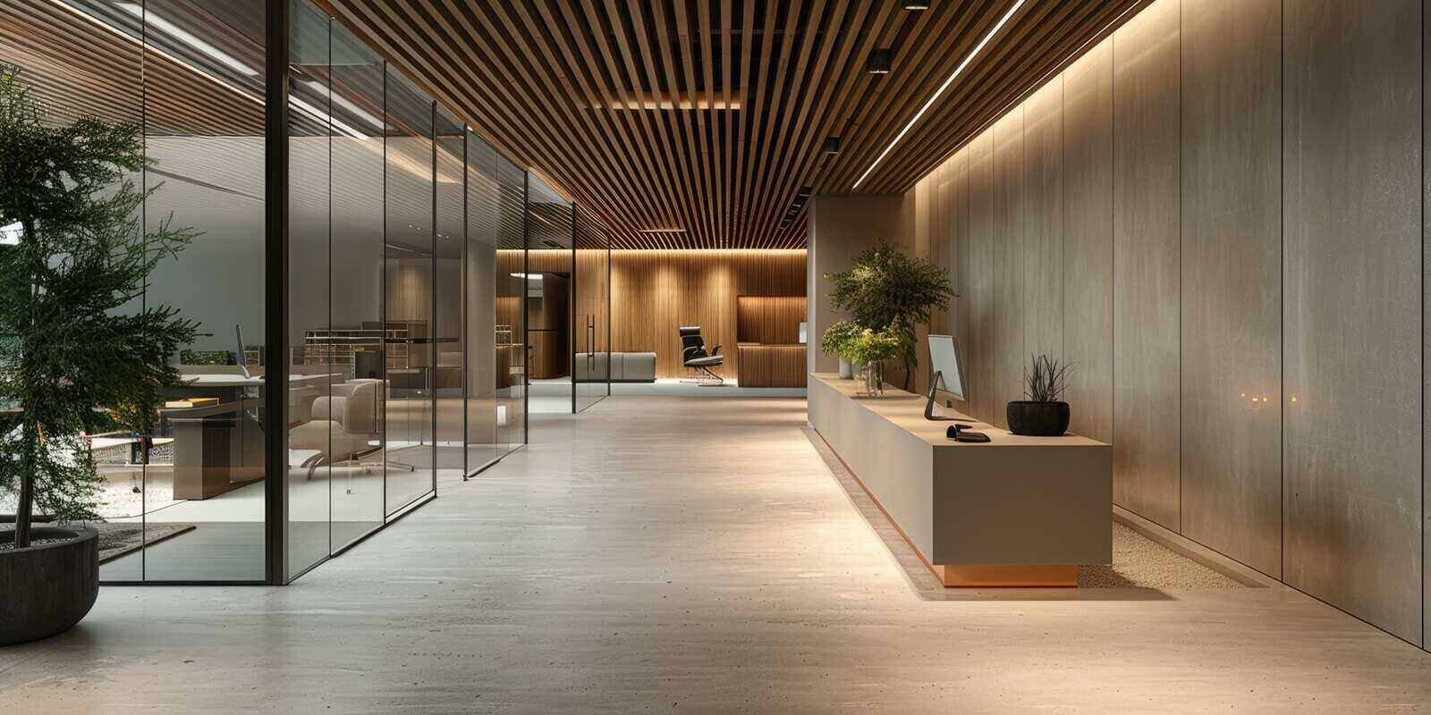 modern office reception area with wooden ceiling